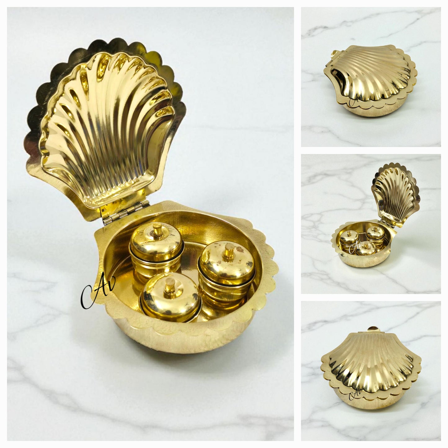 Brass Sea Shell Shaped Haldi Kumkum Chandan Holder