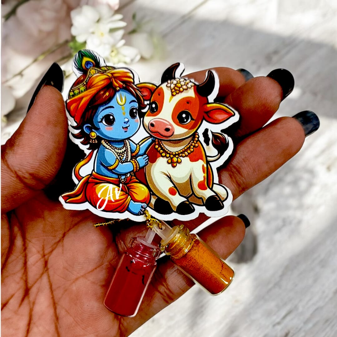 Laddu Gopal With Cow/Little Krishna With Little Cow Haldi Kumkum