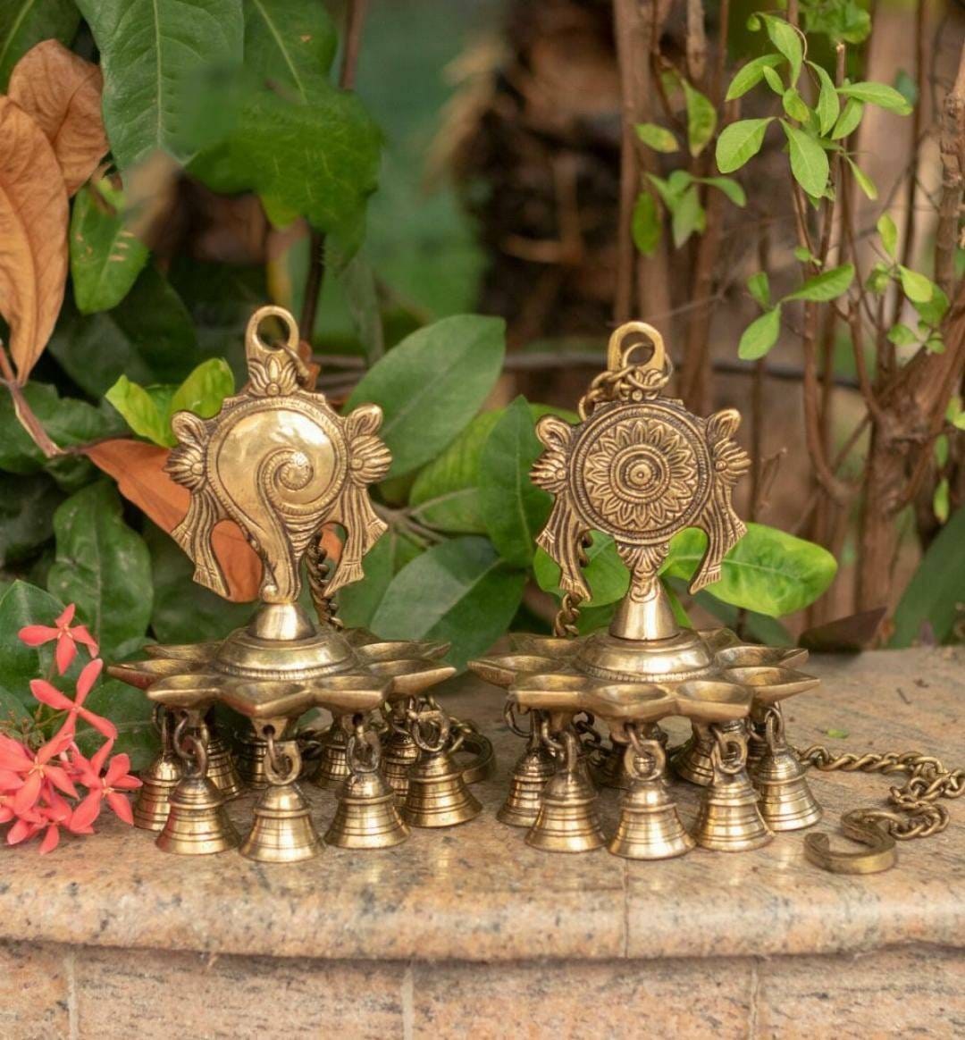 Brass Chakra and Shankh Hanging Bell Diya Set
