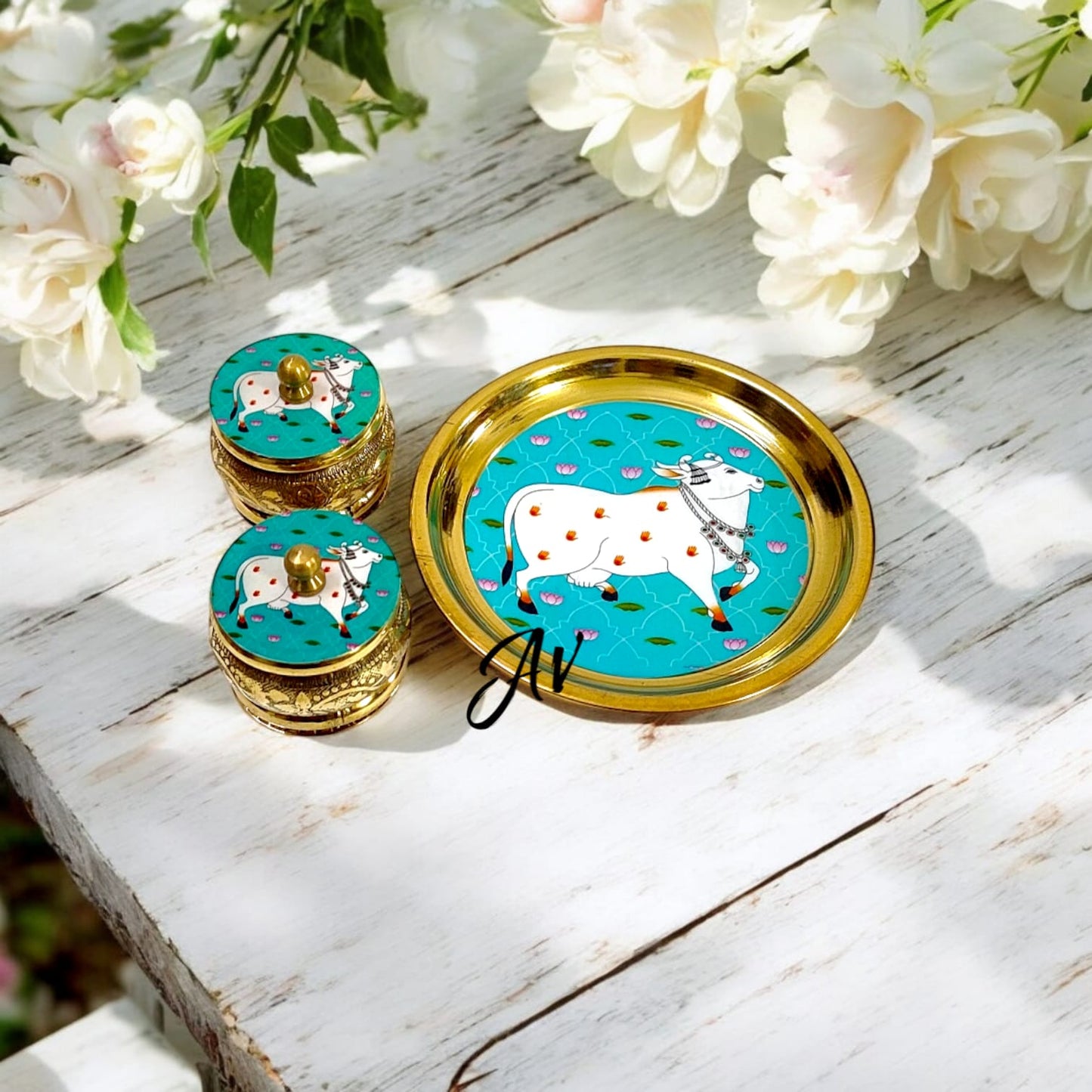 Brass Enamel Work Plate With Dibbi Set (Mix Designs)