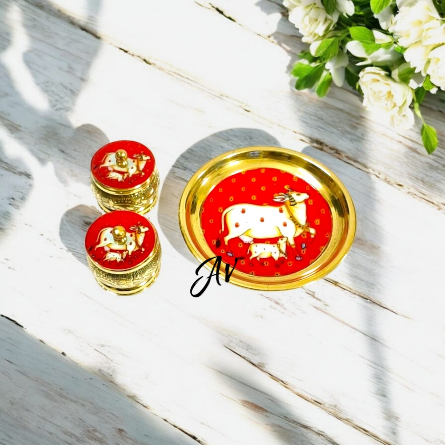 Brass Enamel Work Plate With Dibbi Set (Mix Designs)