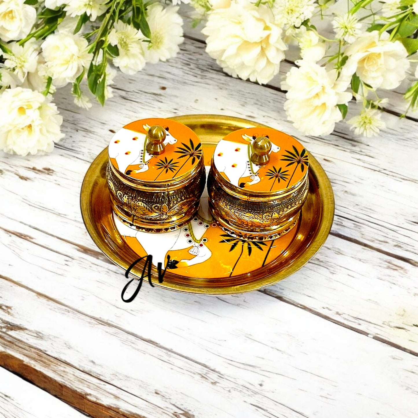 Brass Enamel Work Plate With Dibbi Set (Mix Designs)