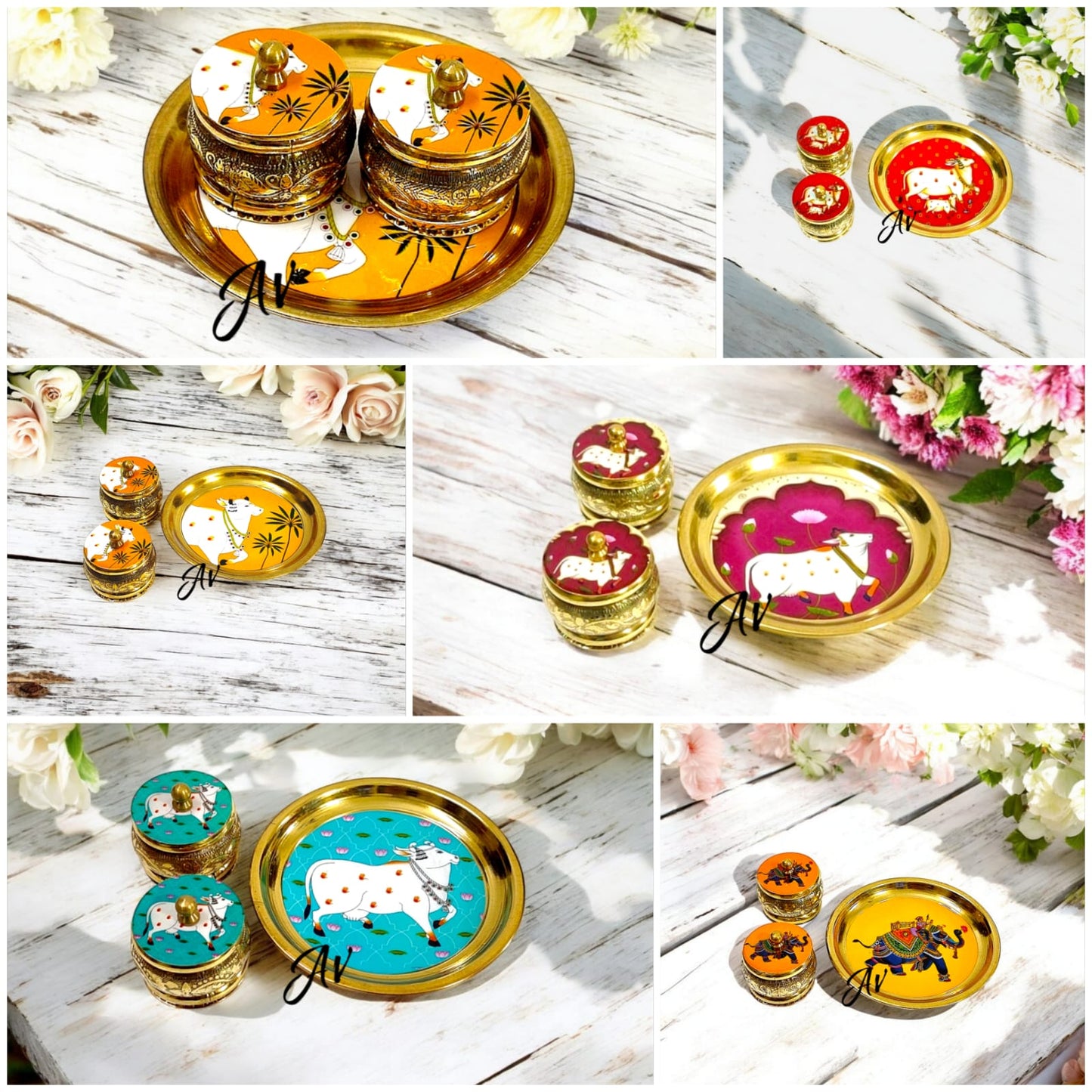 Brass Enamel Work Plate With Dibbi Set (Mix Designs)