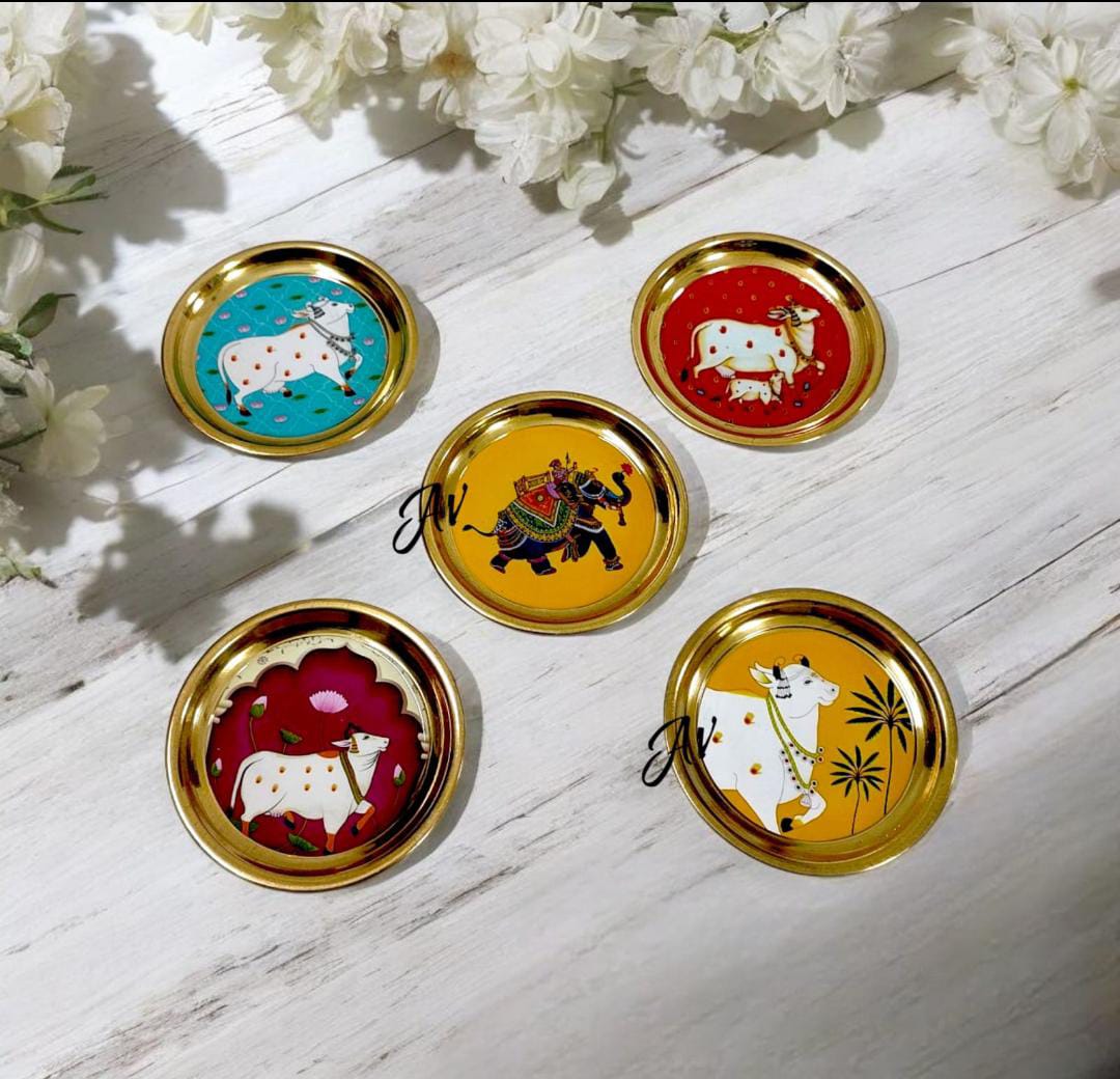 Brass Enamel Work Plate With Dibbi Set (Mix Designs)