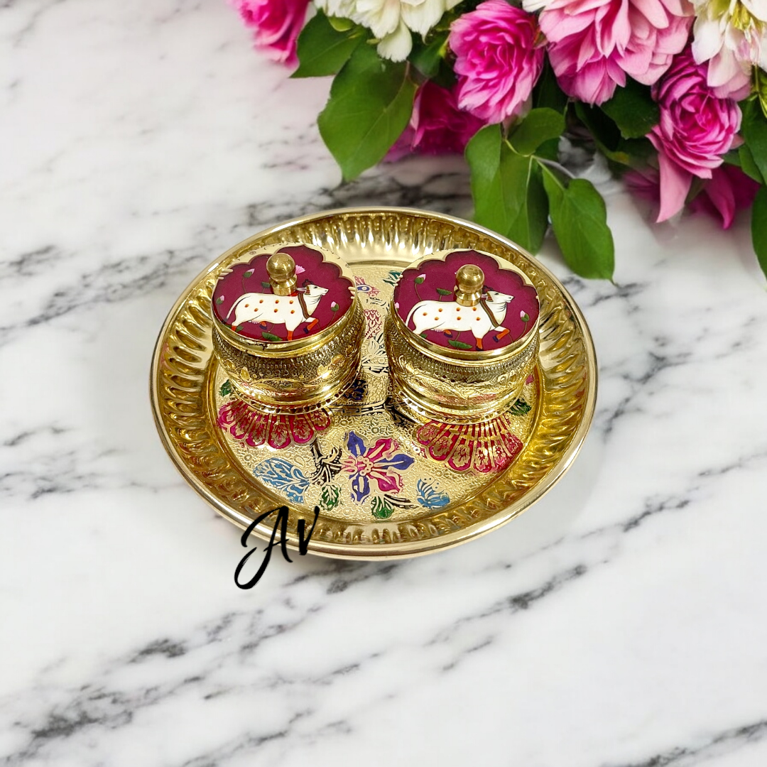 Brass Pichwai Dibbi and Plate Set