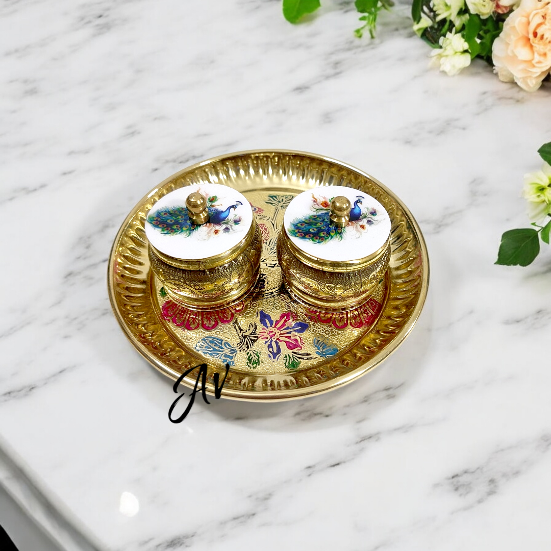 Brass Pichwai Dibbi and Plate Set