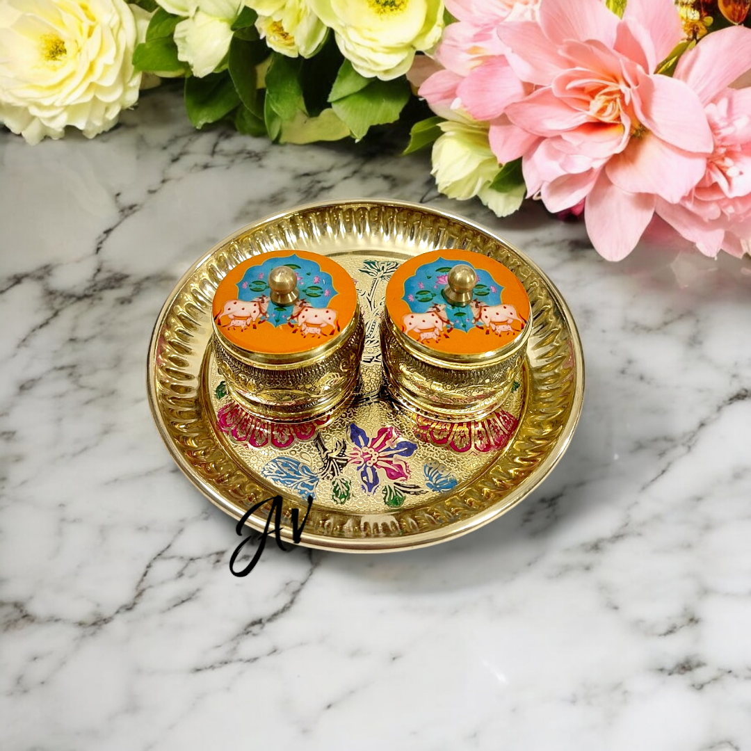Brass Pichwai Dibbi and Plate Set