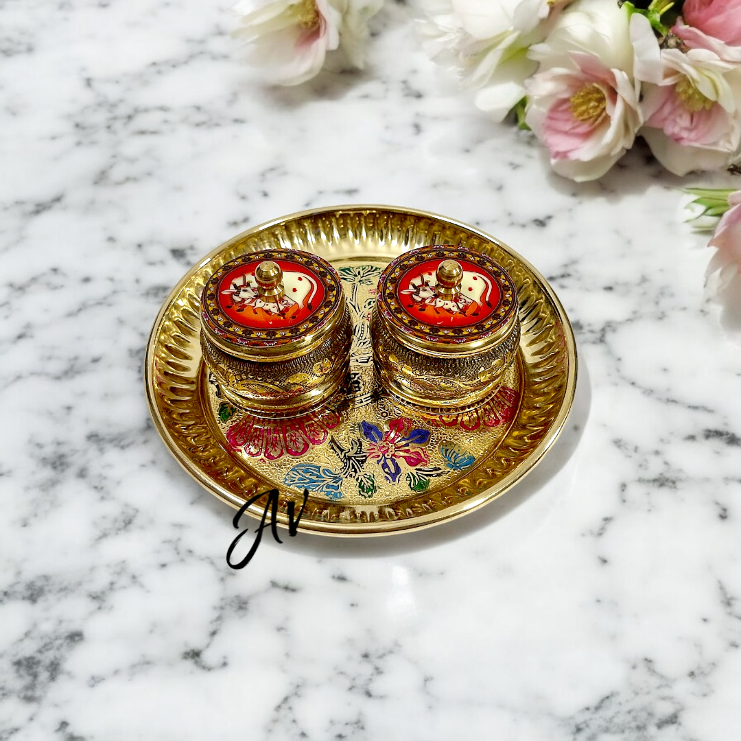 Brass Pichwai Dibbi and Plate Set