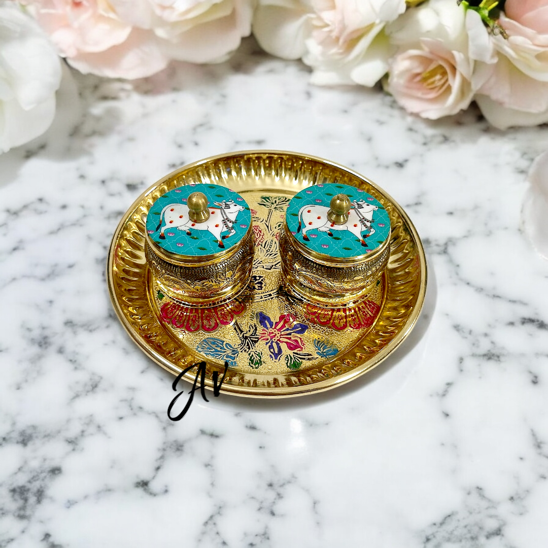 Brass Pichwai Dibbi and Plate Set