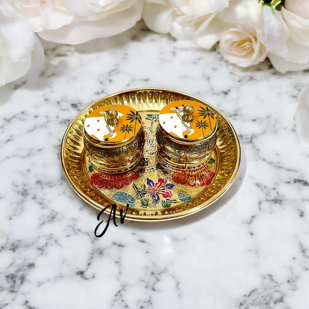 Brass Pichwai Dibbi and Plate Set