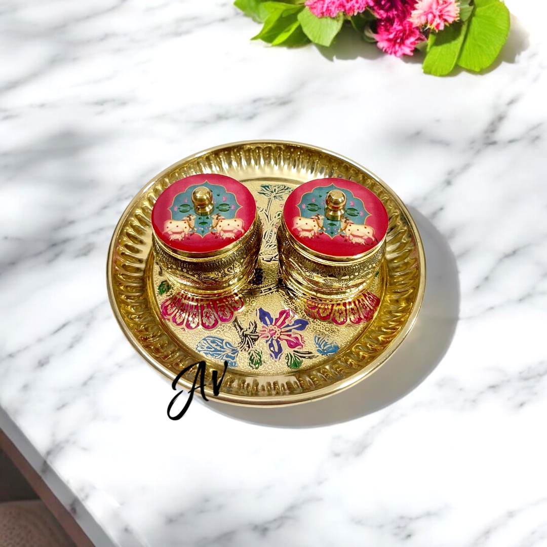 Brass Pichwai Dibbi and Plate Set