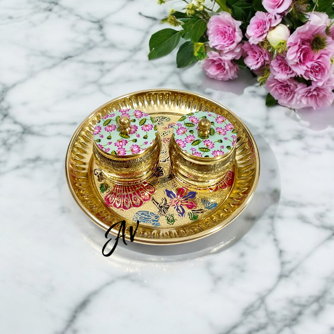Brass Pichwai Dibbi and Plate Set