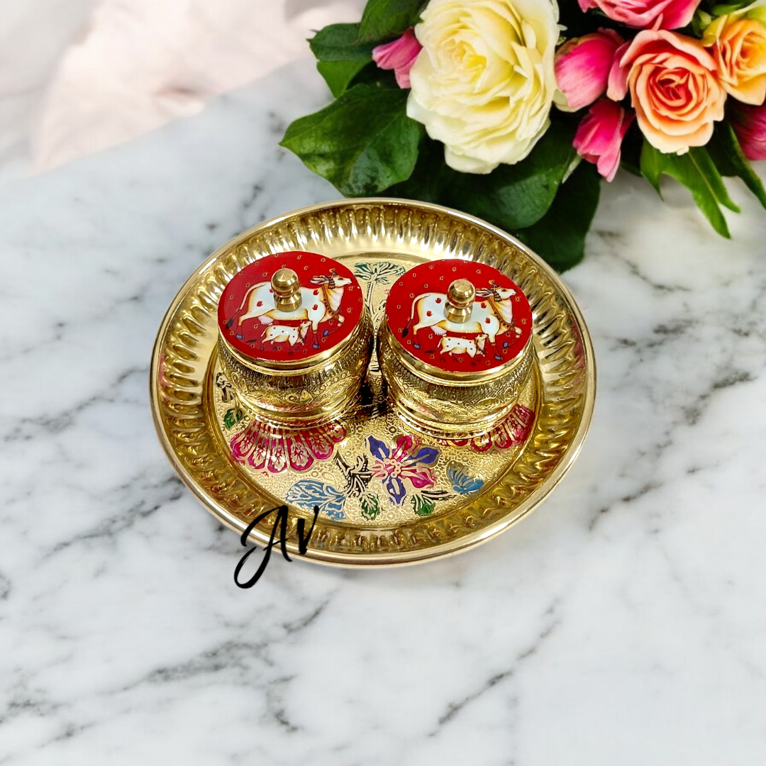 Brass Pichwai Dibbi and Plate Set