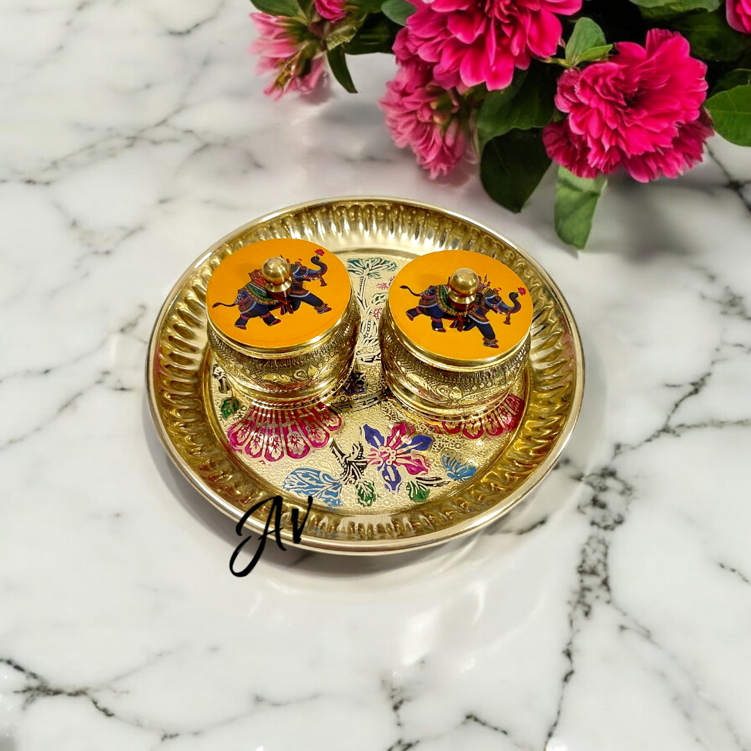 Brass Pichwai Dibbi and Plate Set