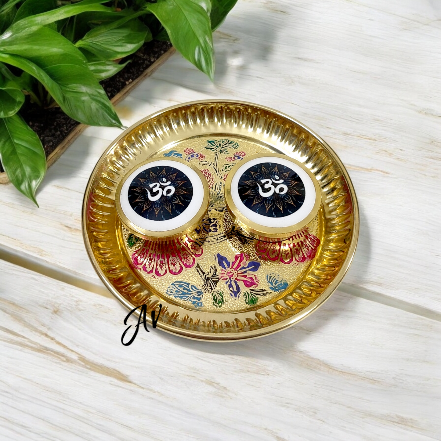 Brass Enamel Work Dibbi With Plate