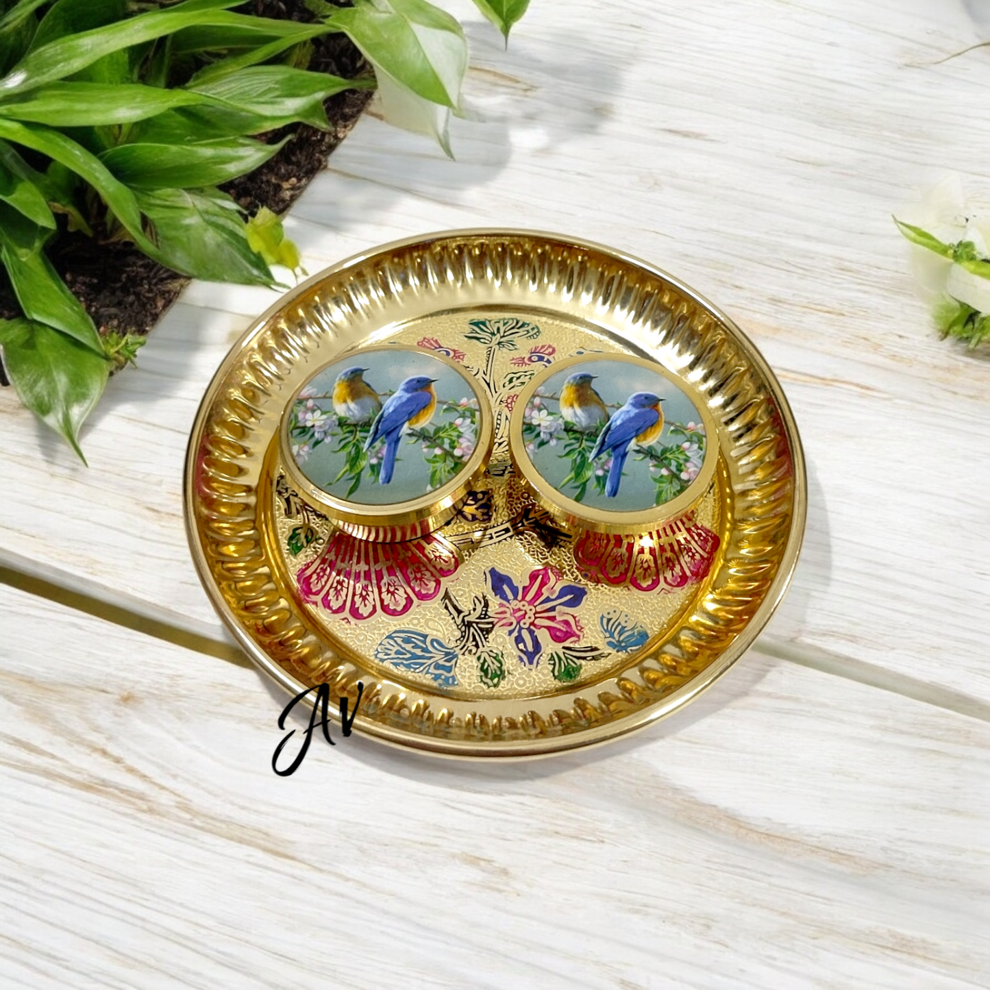 Brass Enamel Work Dibbi With Plate