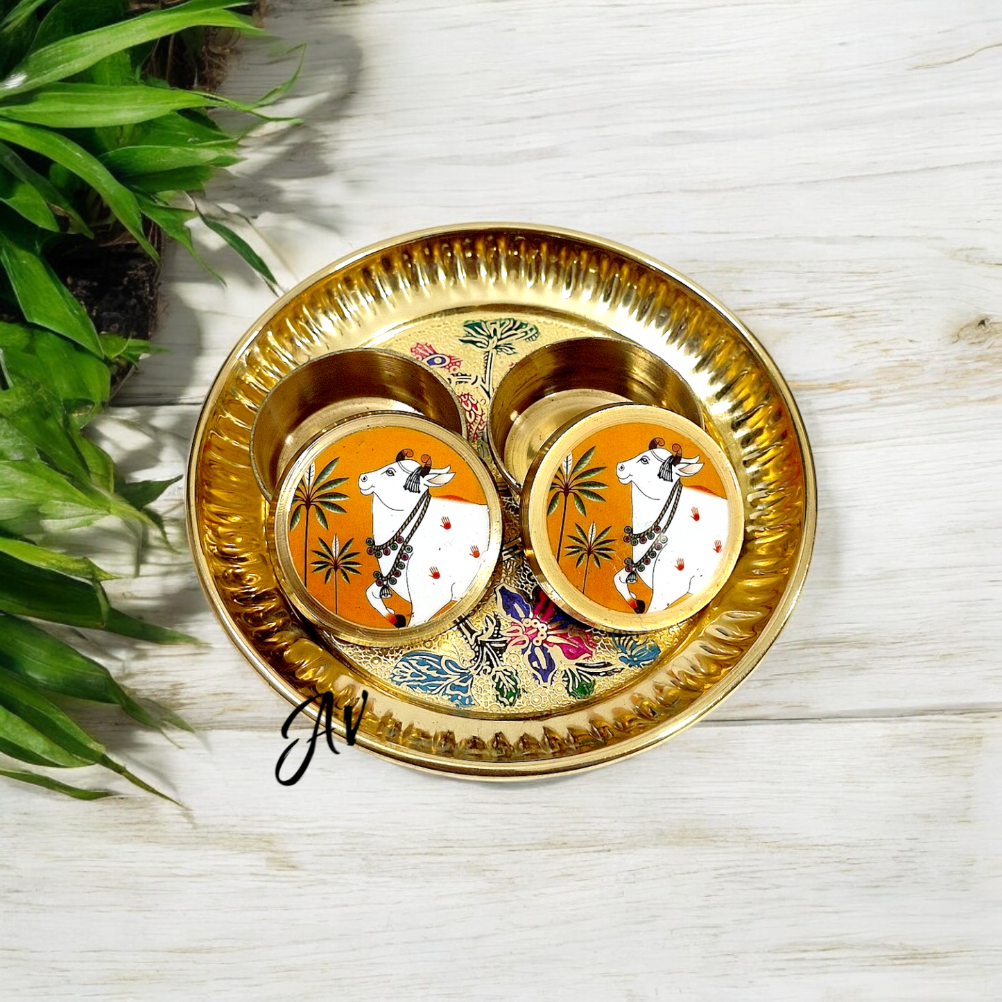 Brass Enamel Work Dibbi With Plate