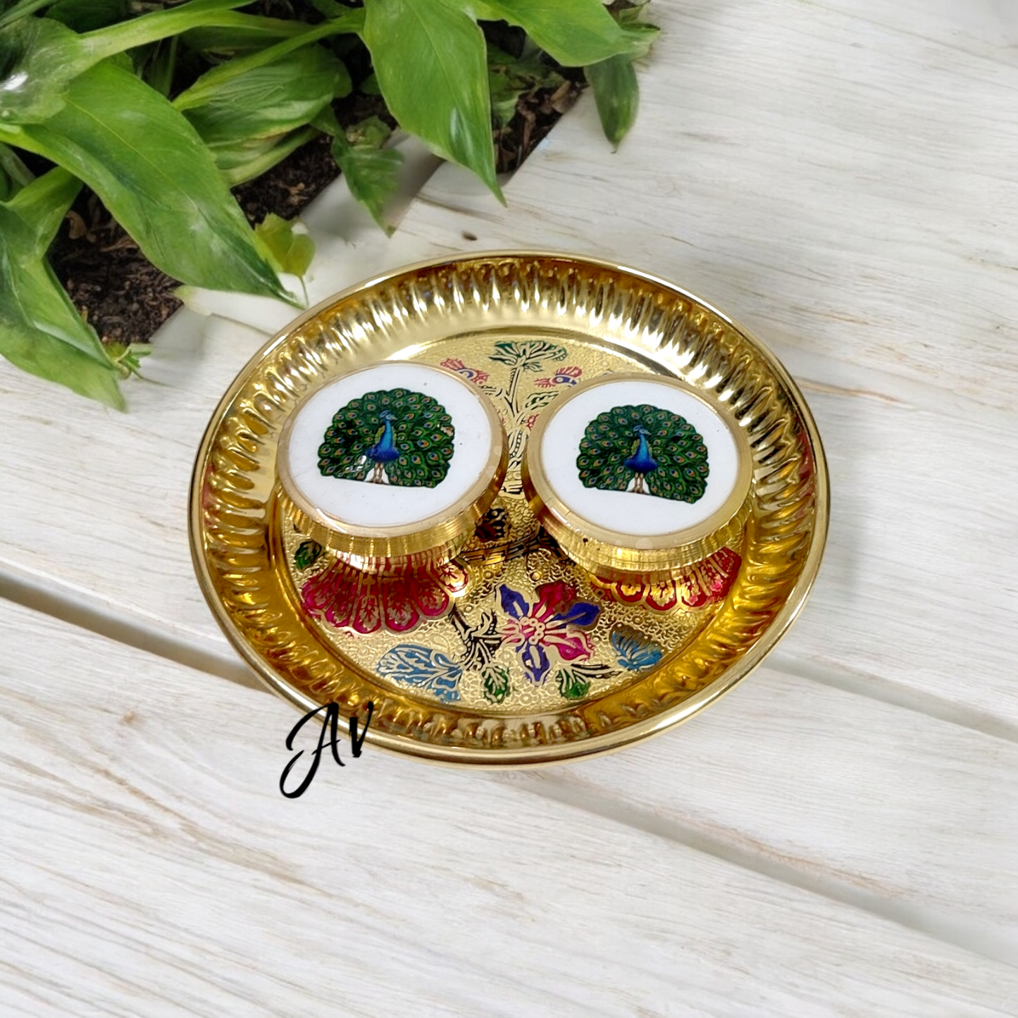Brass Enamel Work Dibbi With Plate