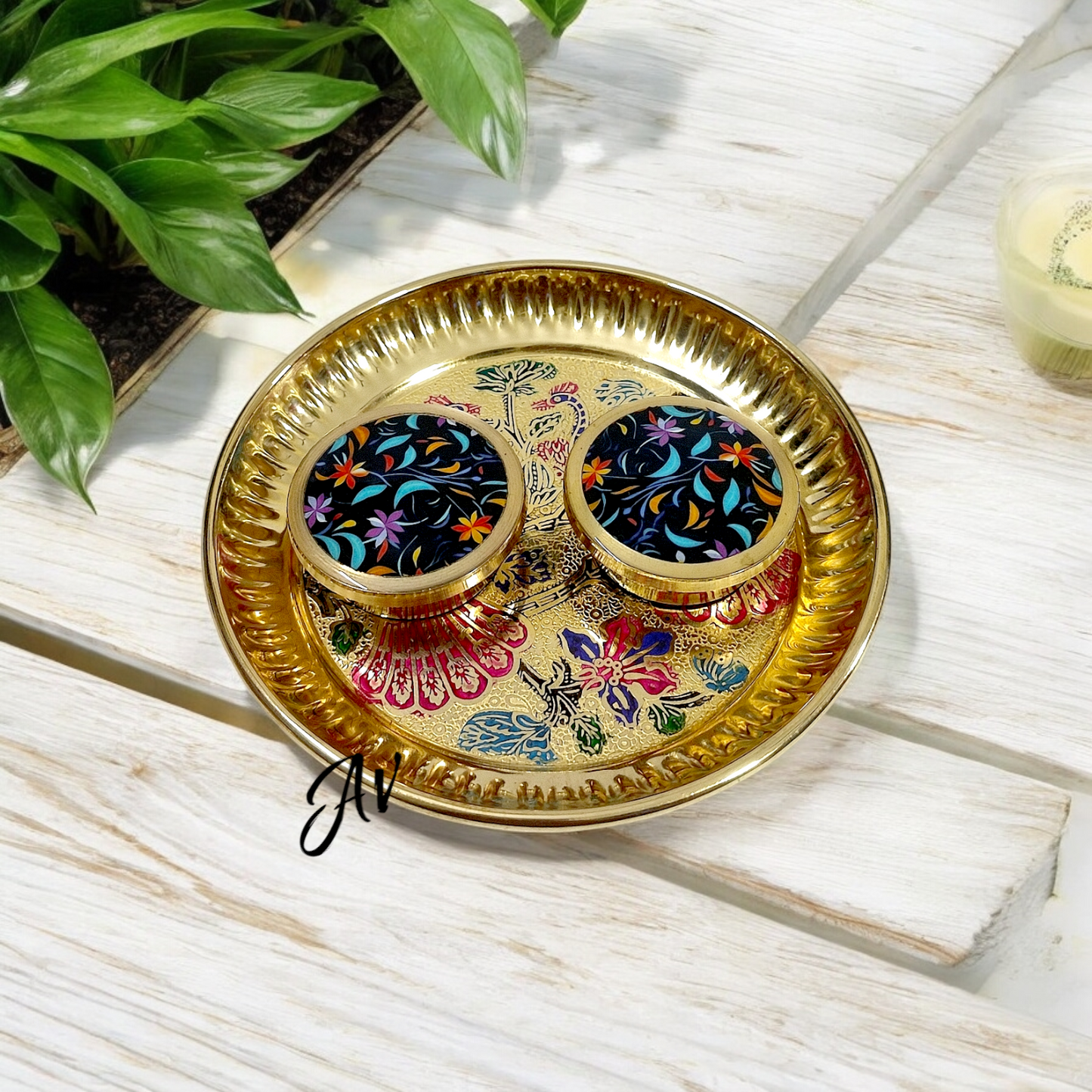 Brass Enamel Work Dibbi With Plate