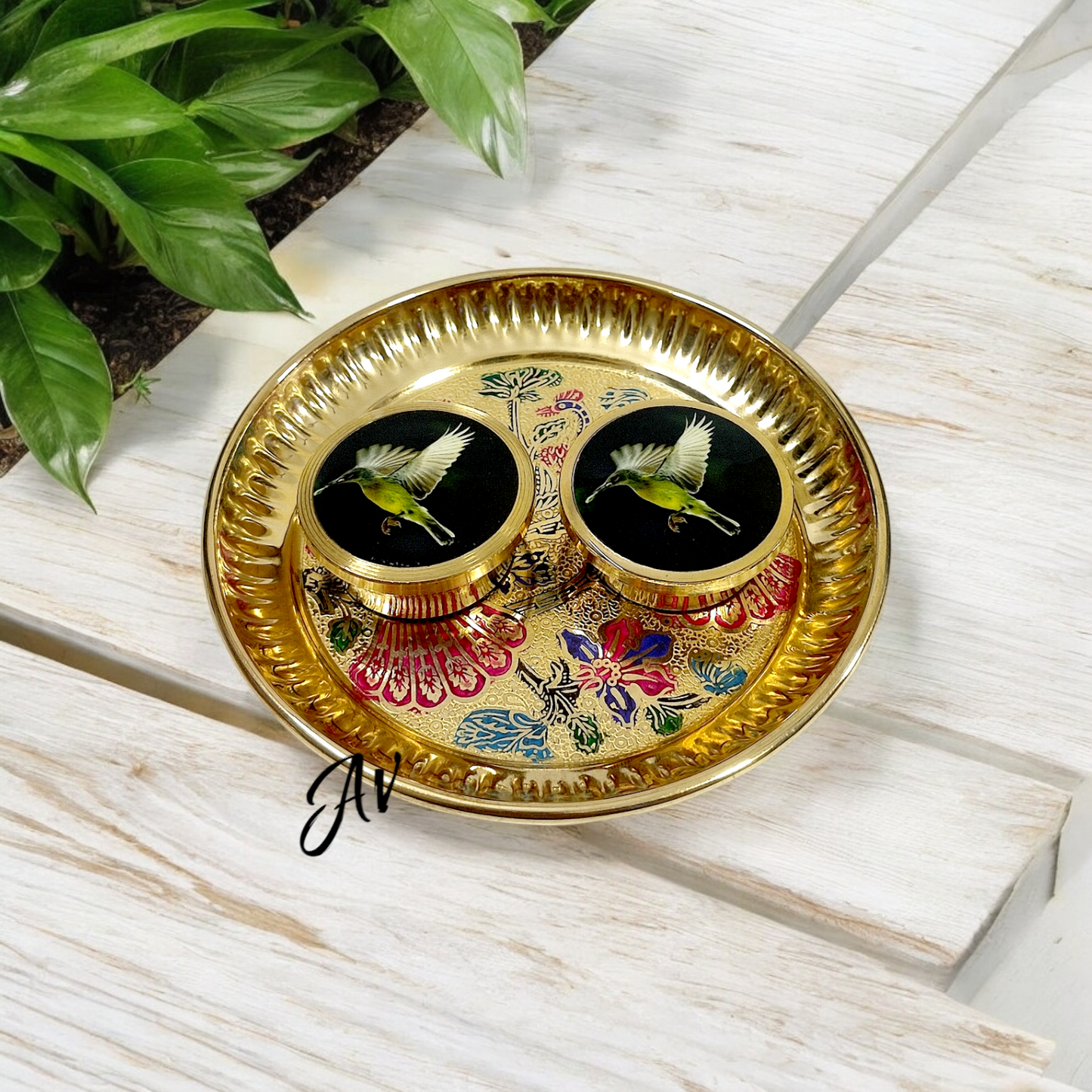 Brass Enamel Work Dibbi With Plate