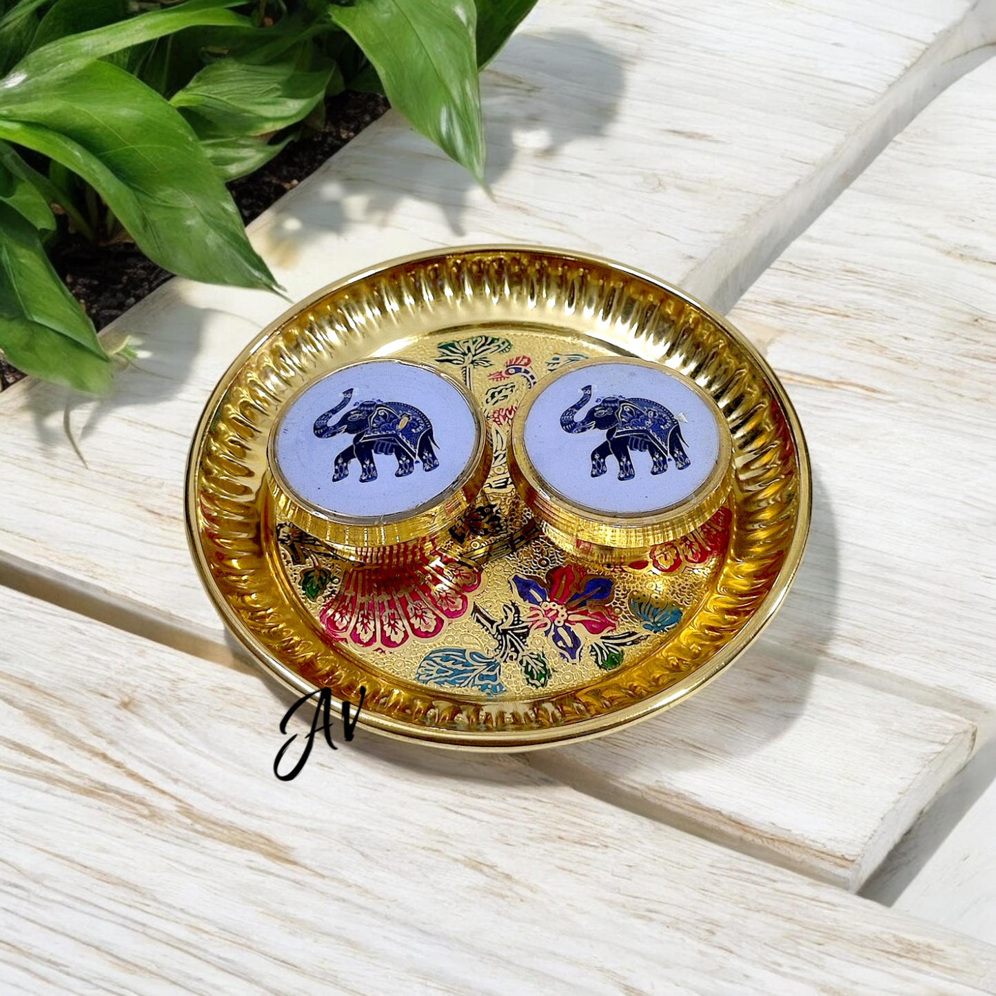 Brass Enamel Work Dibbi With Plate