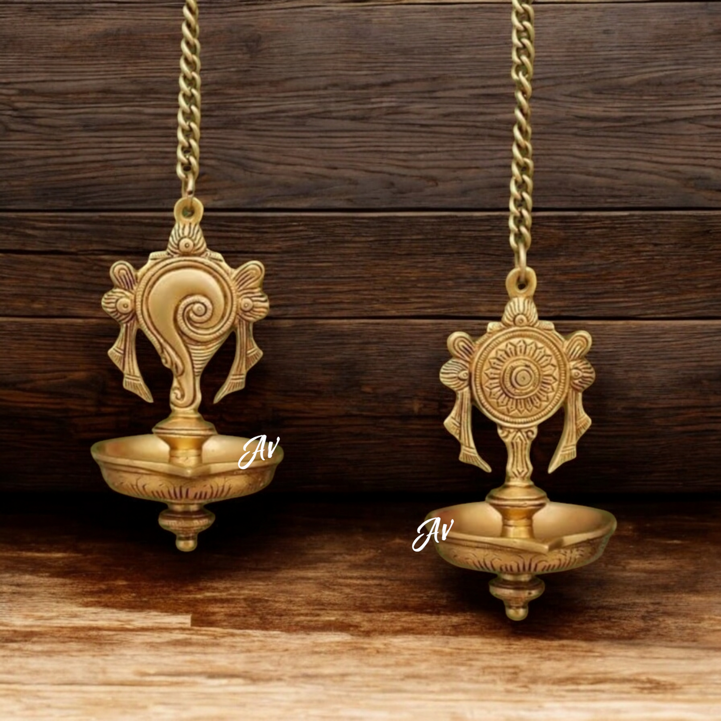 Brass Shankh Chakra Hanging Diya Set