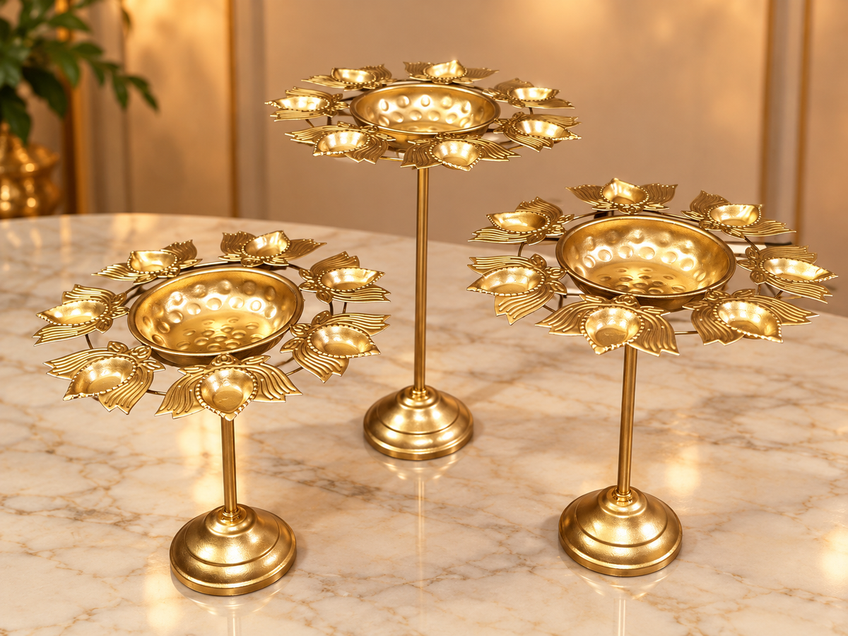 Lotus Diya Urli Stand Set of 3 – Iron Decorative Urli Set for Diwali & Festive Home Décor
