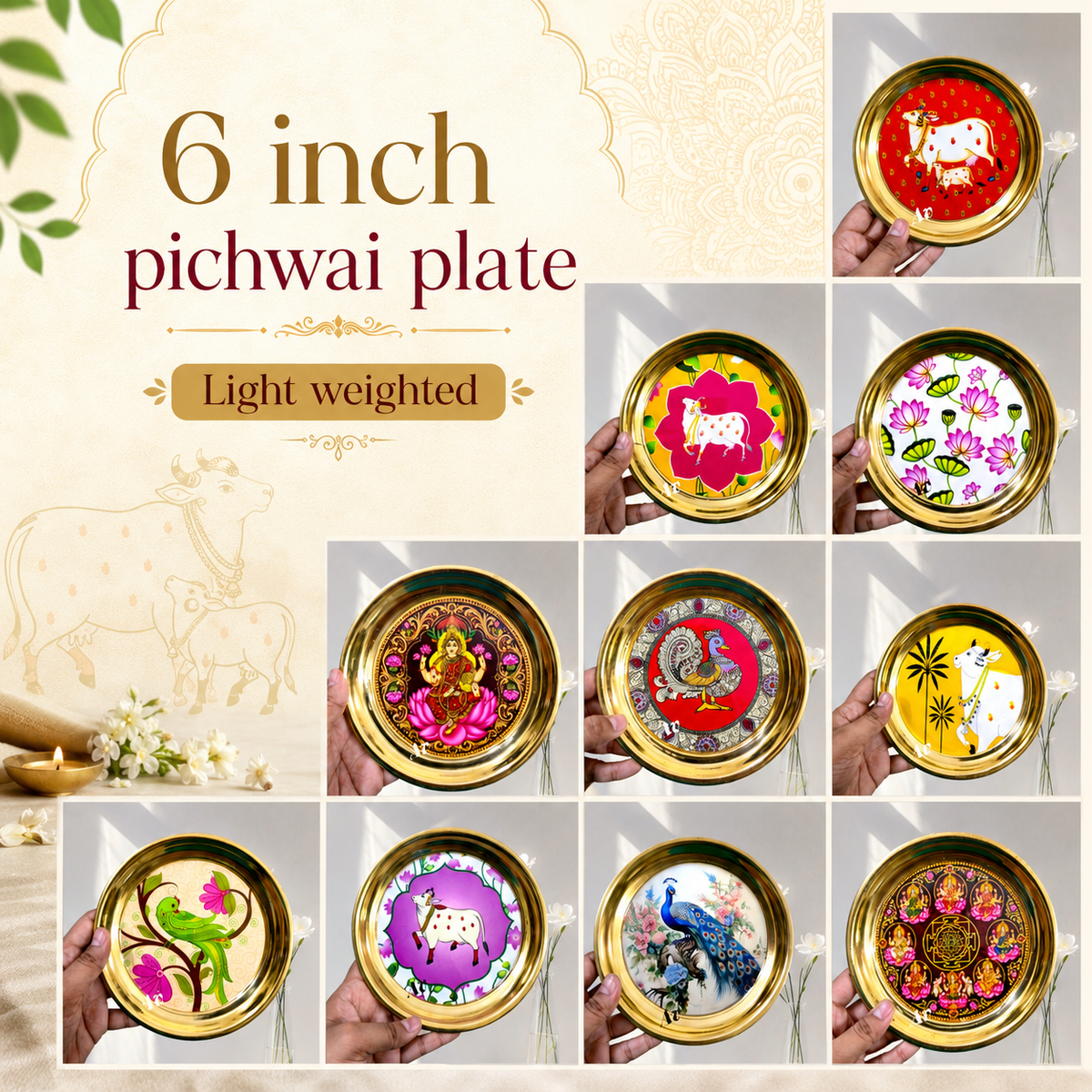 Lightweight Brass Plate with Enamel Work – 6 Inch, Pack of 12