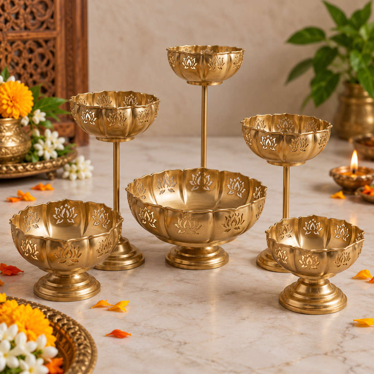 Lotus Iron Urli Set with Decorative Stands Set for Festive Home Décor