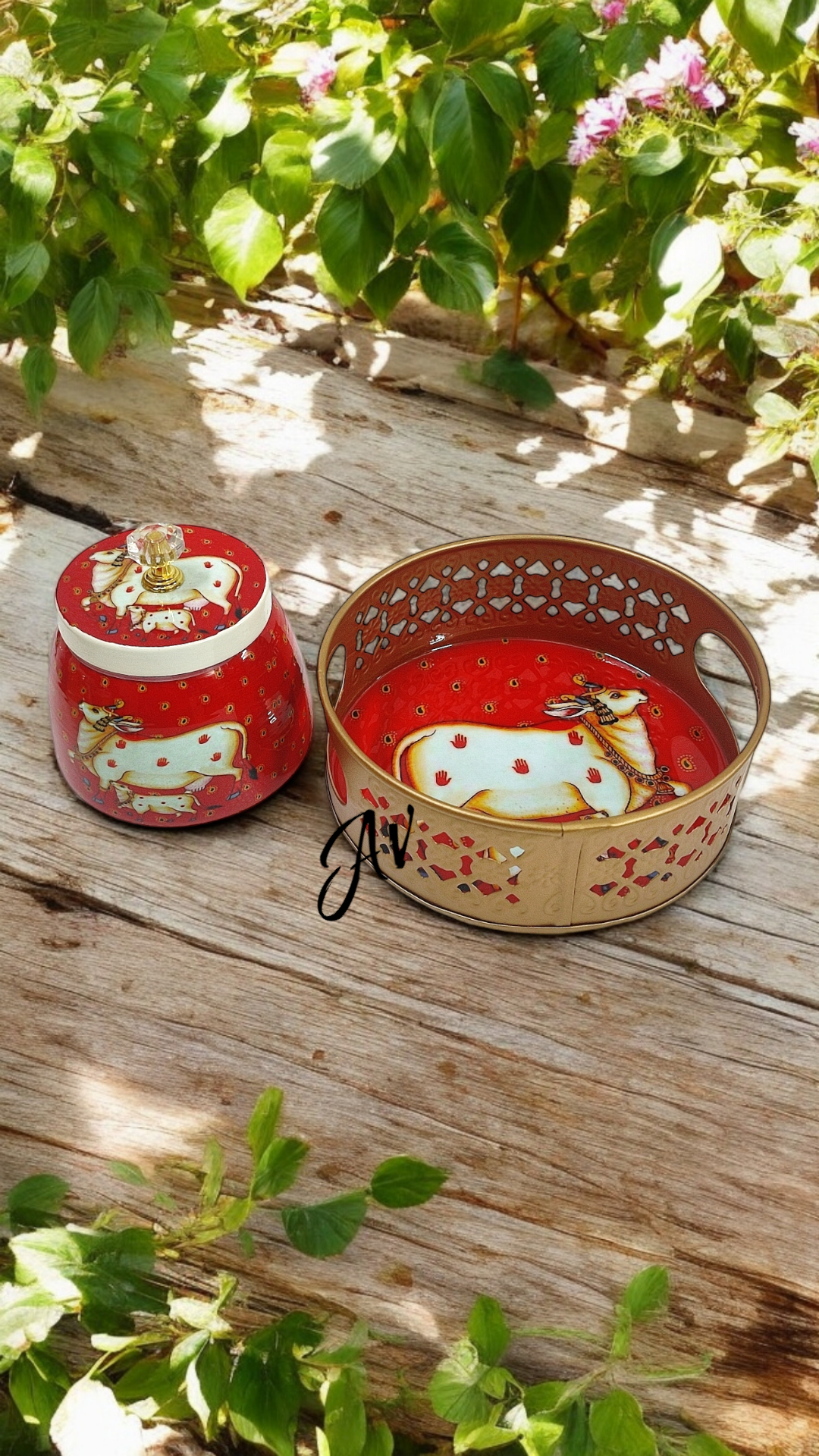 Enamel Work One Jar with Round Tray Set