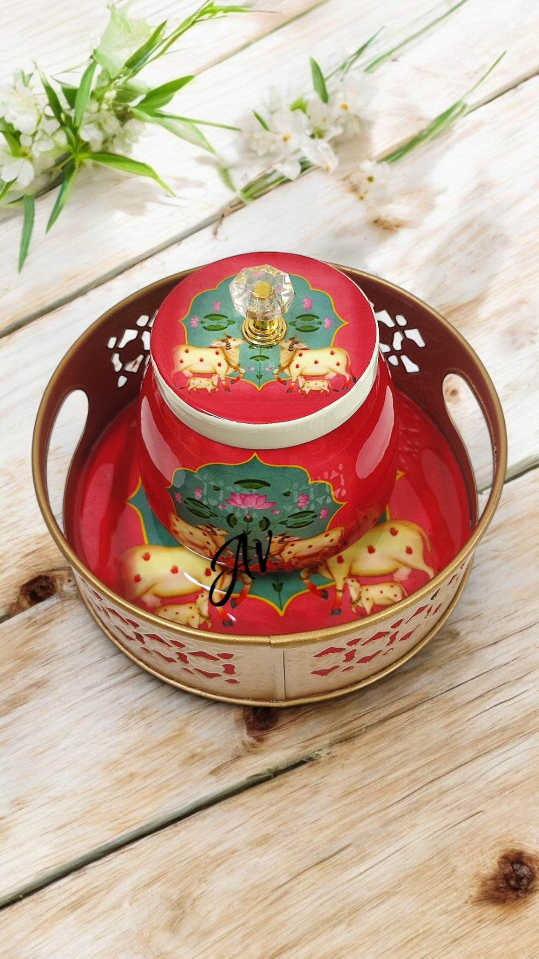 Enamel Work One Jar with Round Tray Set