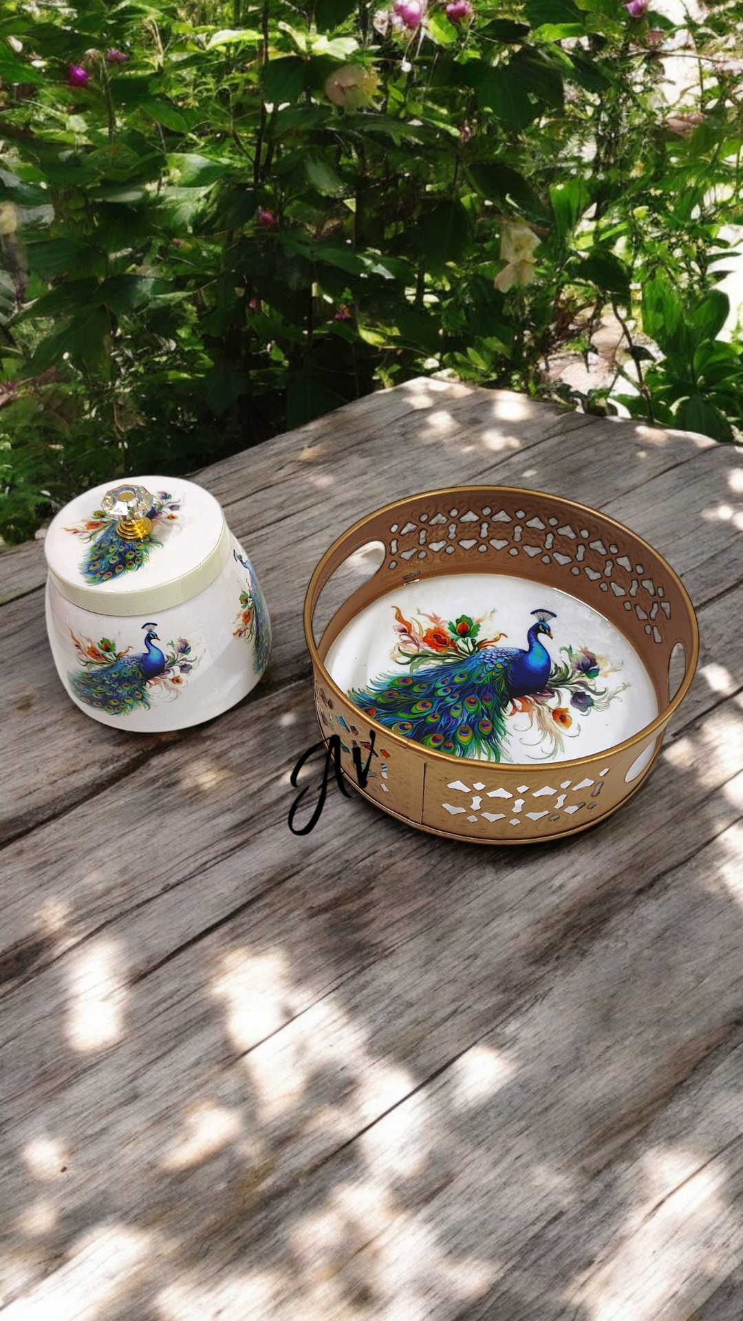 Enamel Work One Jar with Round Tray Set