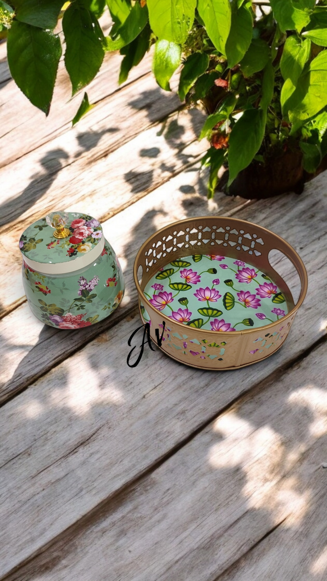 Enamel Work One Jar with Round Tray Set