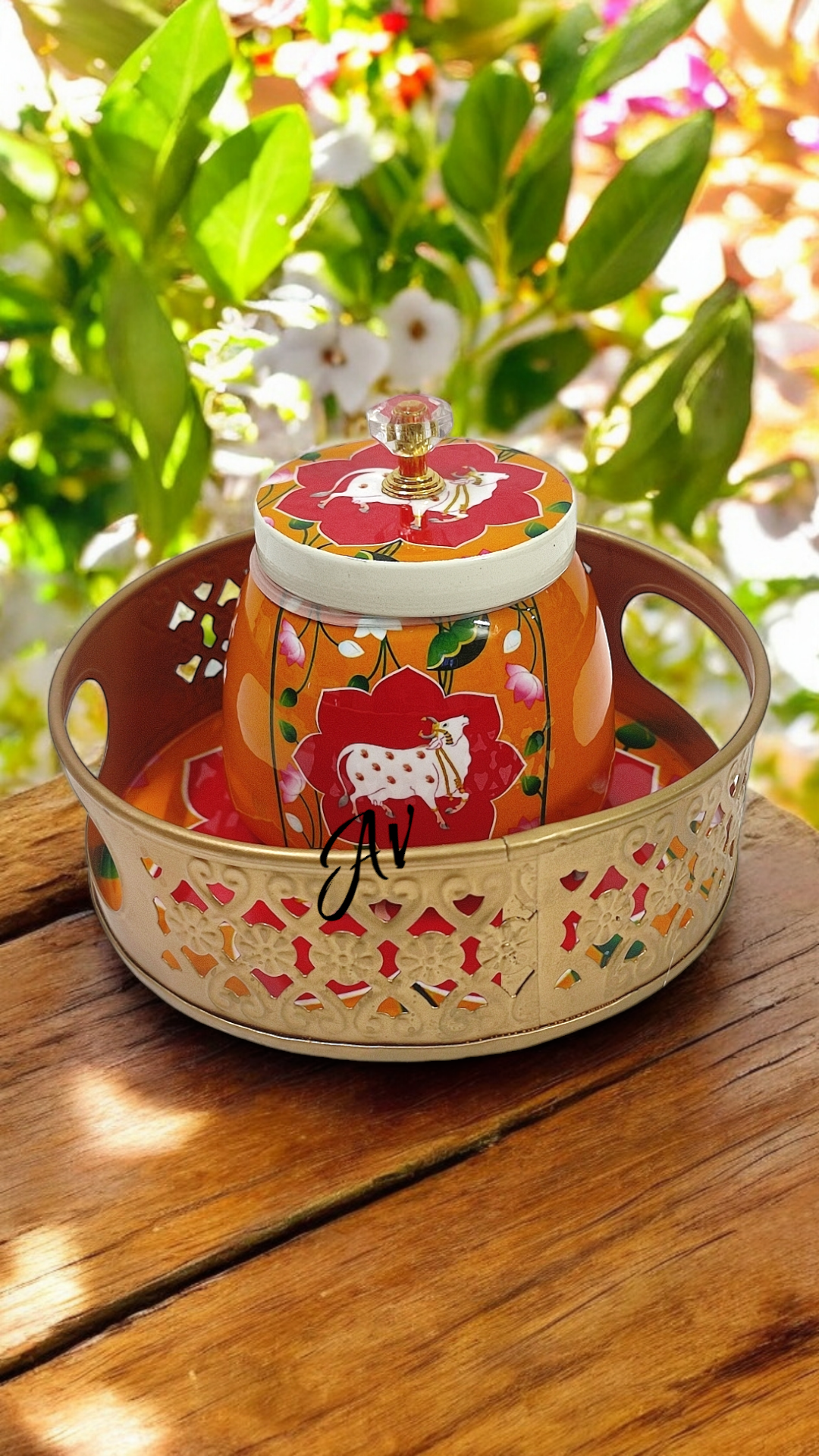 Enamel Work One Jar with Round Tray Set