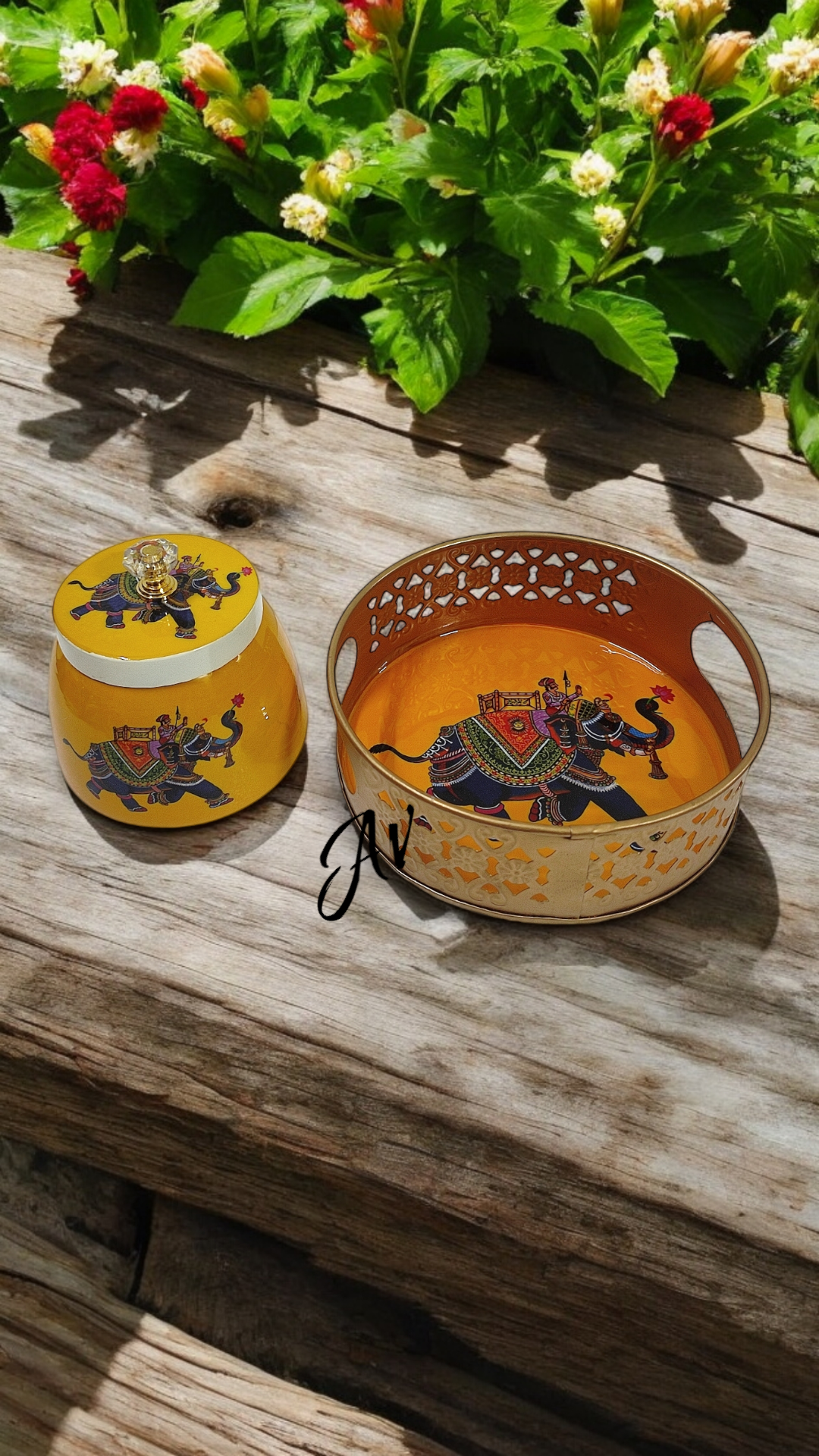 Enamel Work One Jar with Round Tray Set