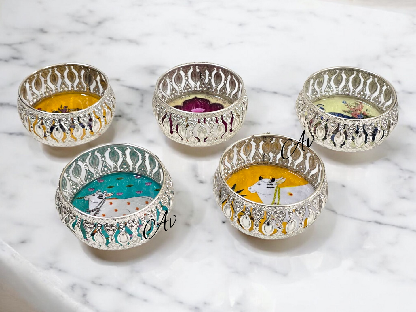 Silver Plated Mini Pichwai Work Tray (4 Inch)