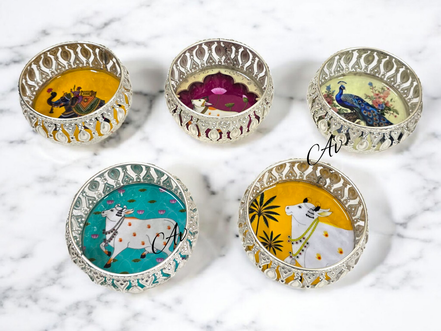 Silver Plated Mini Pichwai Work Tray (4 Inch)