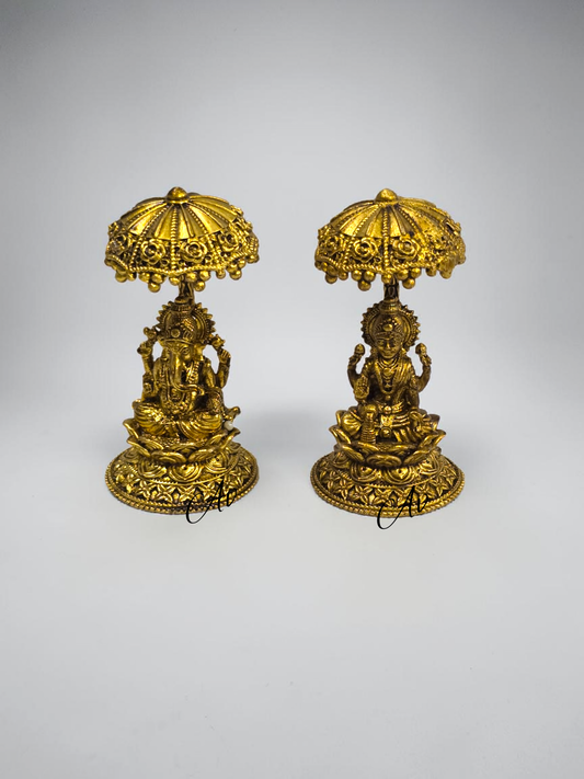 Brass Wax Casting Chatri Lakshmi Ganesh Idol – 2 Inch | Pure Brass Pooja Idol