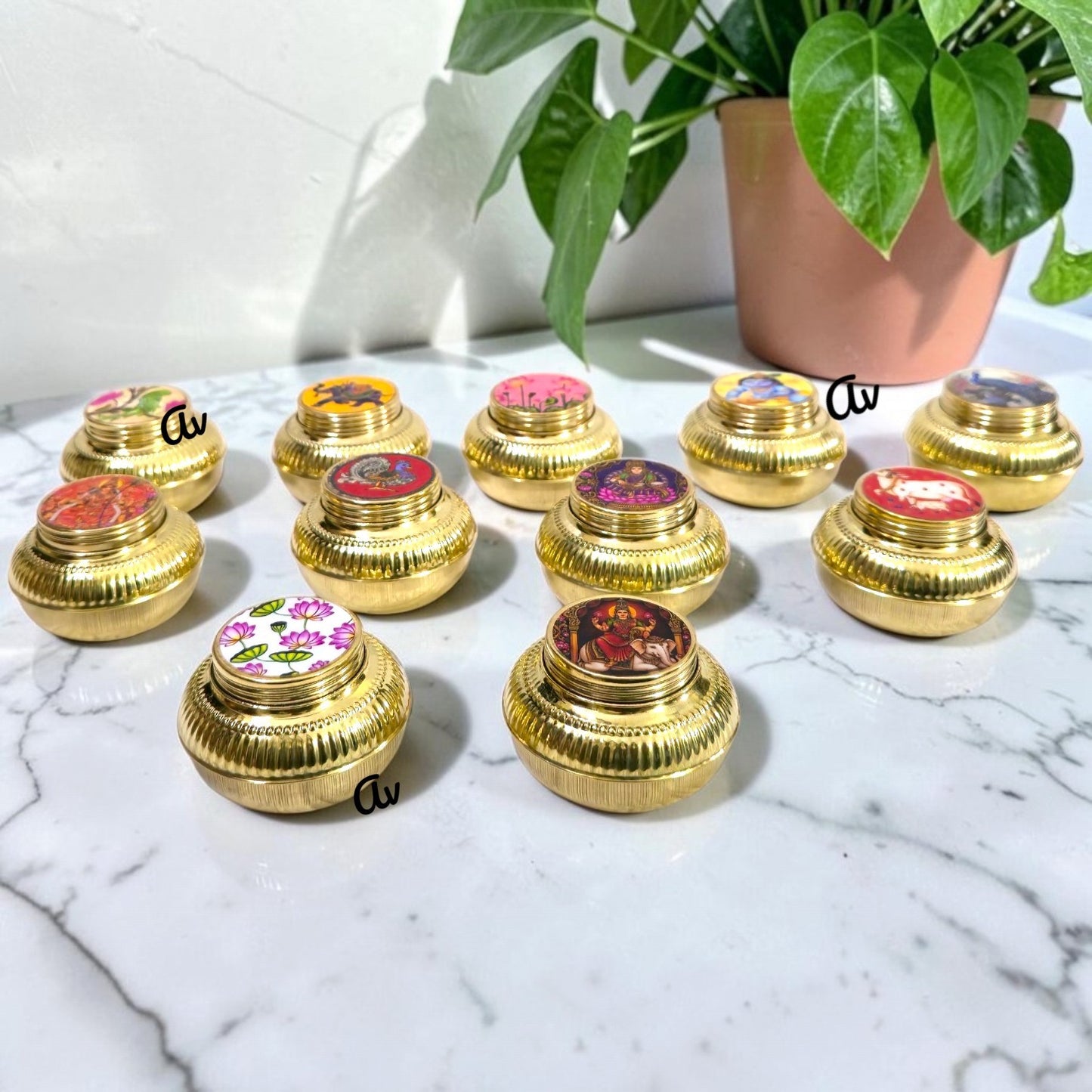 Brass Matki Dibbi with Enamel Work – 2.5 Inch | Traditional Pooja & Gift Item