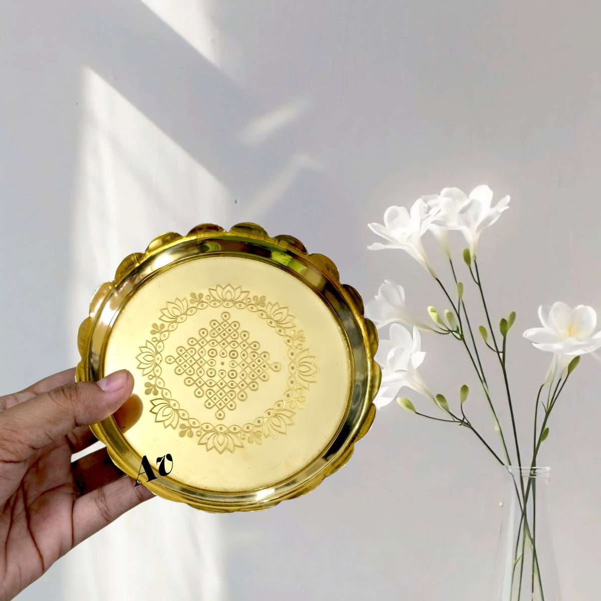 Premium Light Weighted Brass Lotus Stand with Engraved kolam design