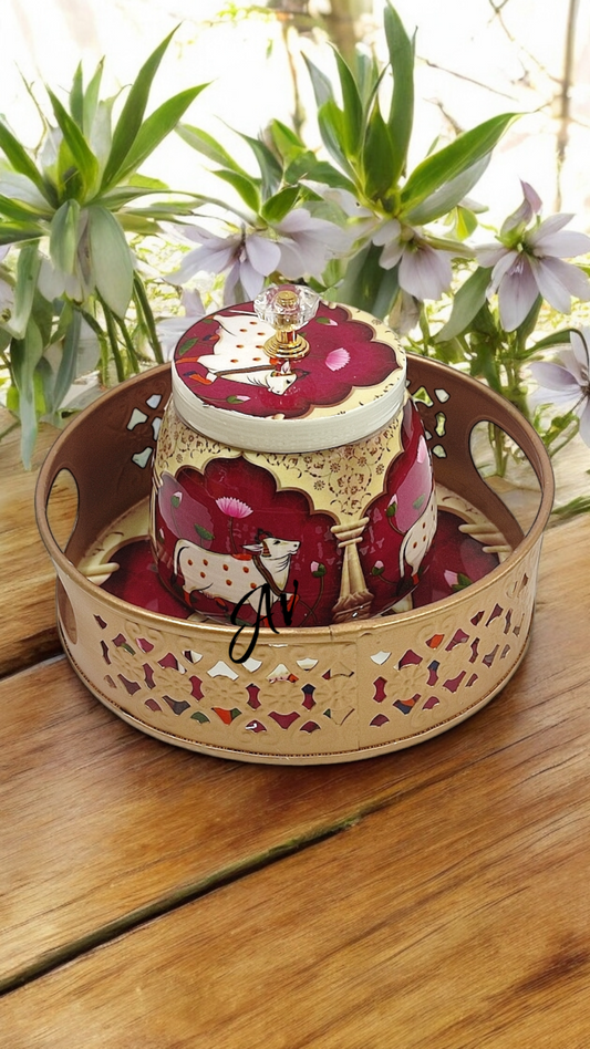 Enamel Work One Jar with Round Tray Set