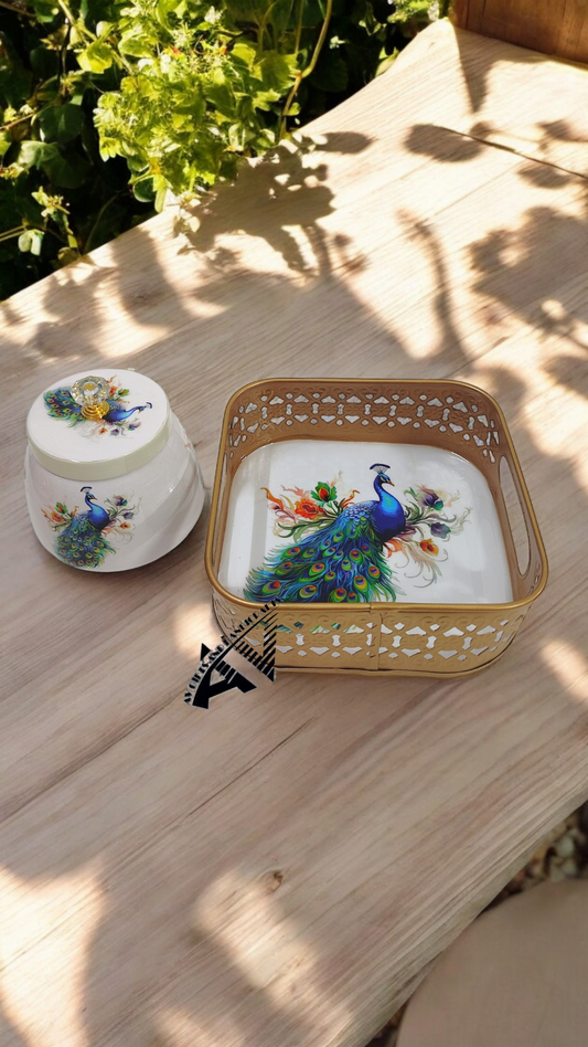 Enamel Work One Jar with Square Tray