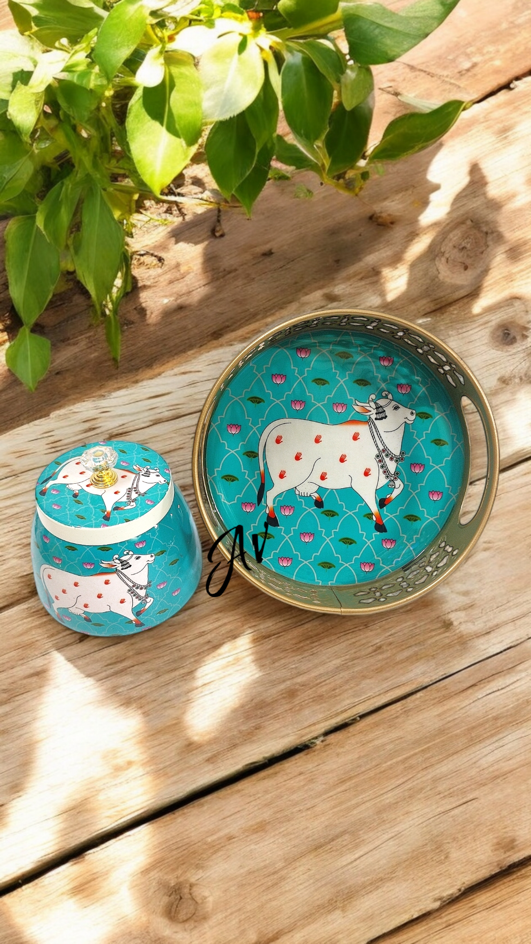 Enamel Work One Jar with Round Tray Set