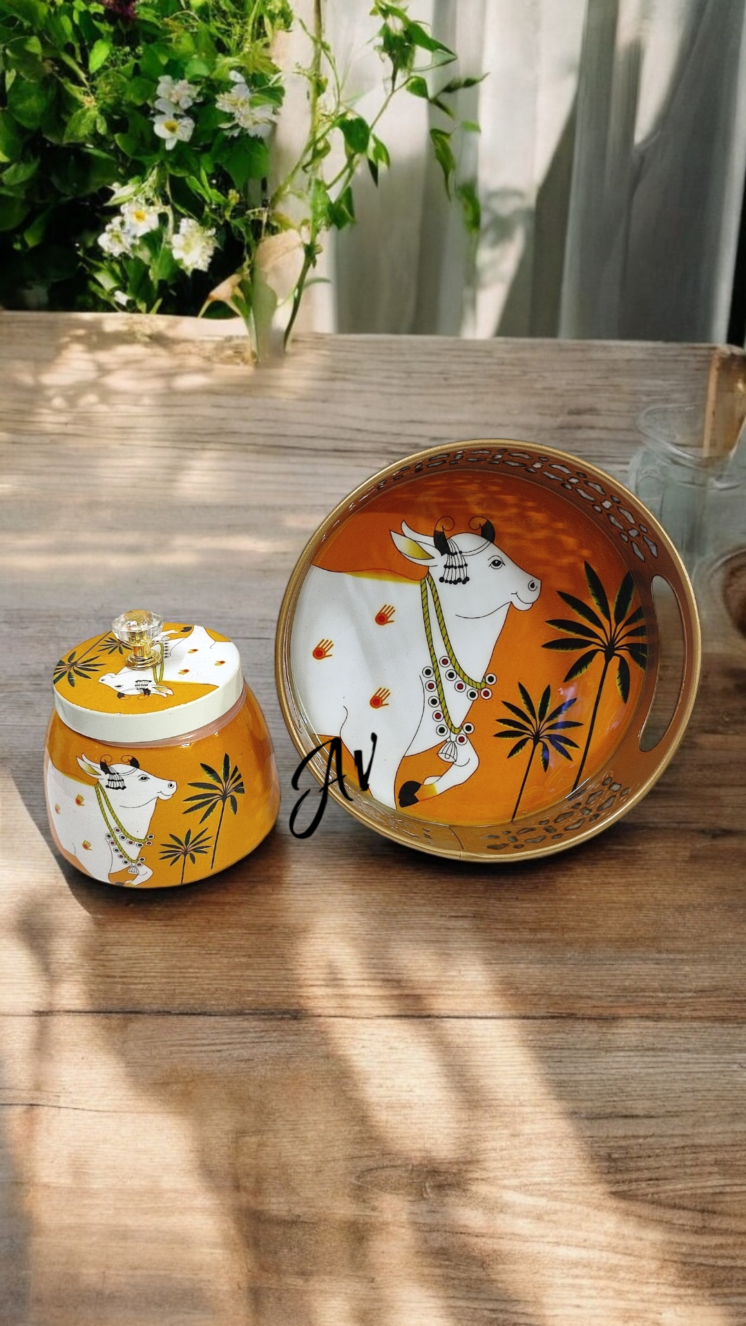 Enamel Work One Jar with Round Tray Set