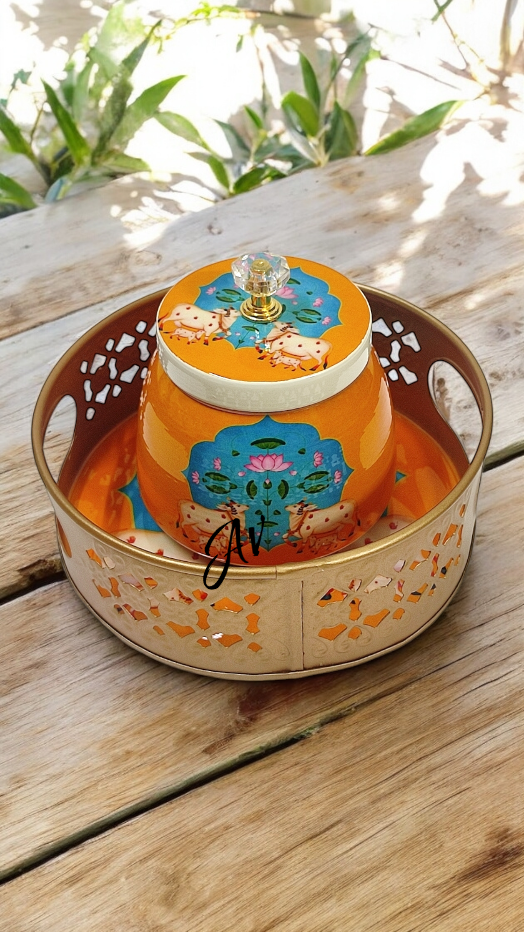 Enamel Work One Jar with Round Tray Set