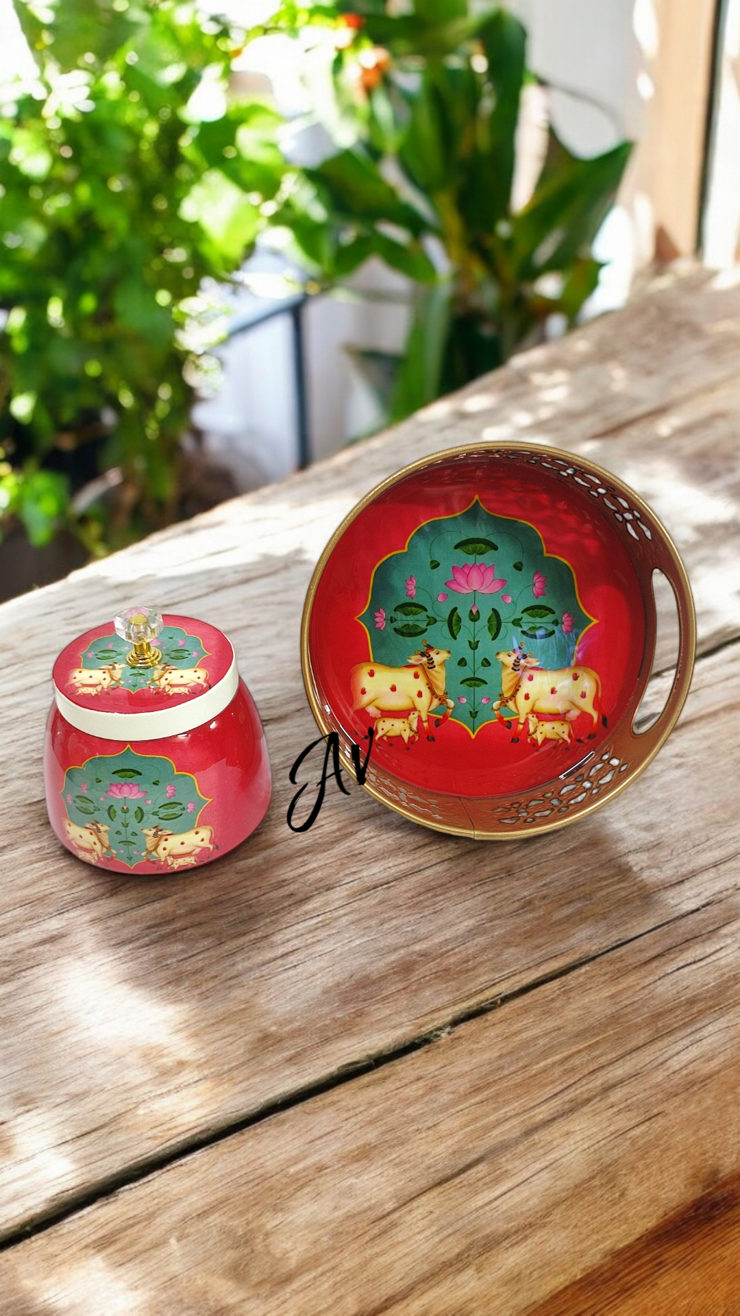 Enamel Work One Jar with Round Tray Set