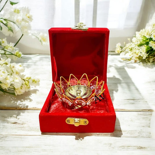 Brass Round Crystal Katori Diya With Velvet Box Packing