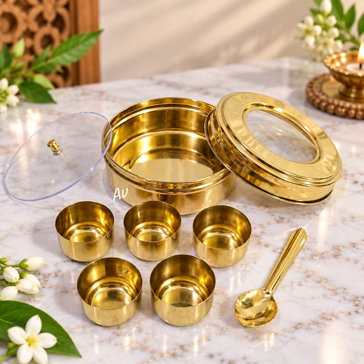 Brass Mini Masala Box / Anjarai Petti / Mukwas Box / Mini Pooja Box – 3.5 Inch