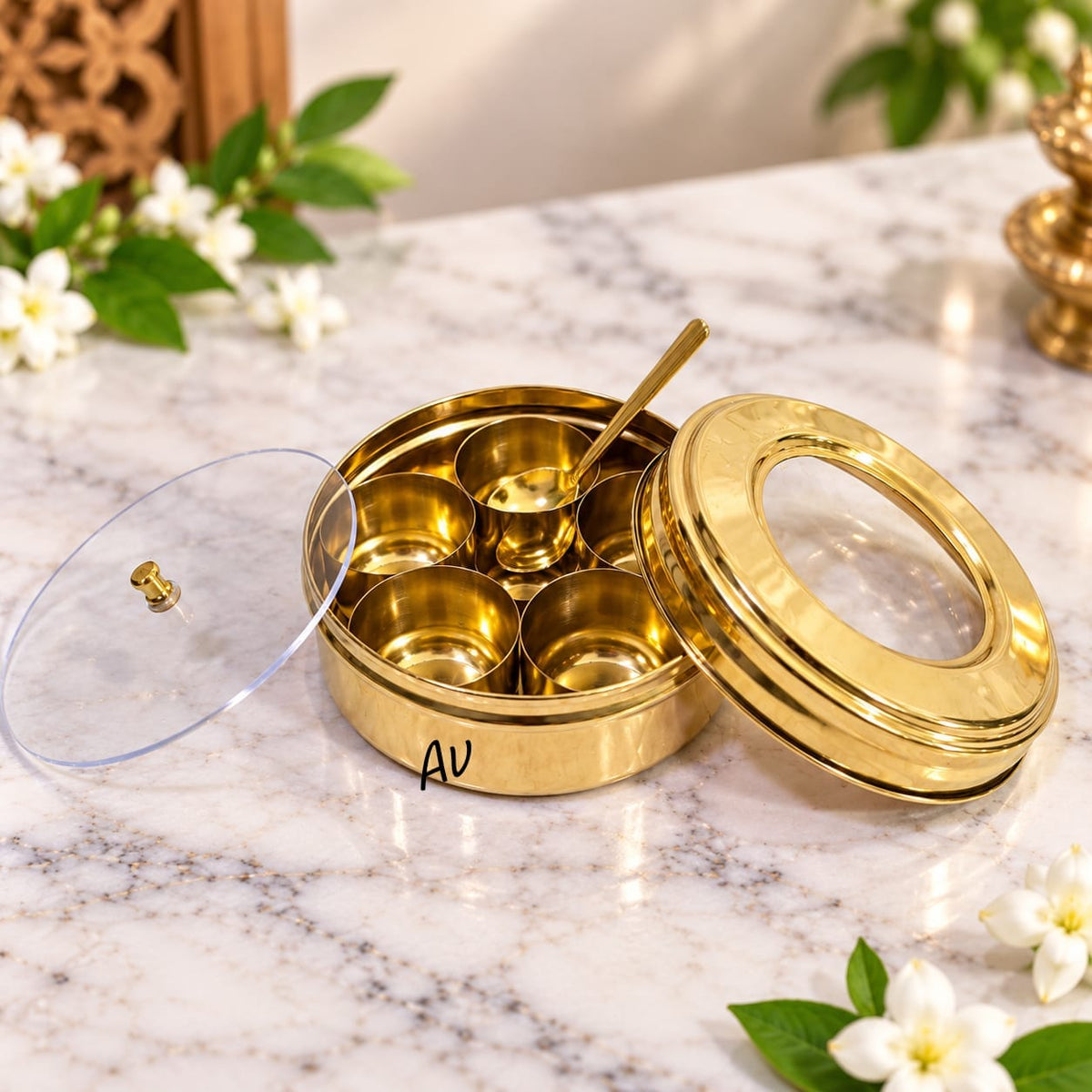 Brass Mini Masala Box / Anjarai Petti / Mukwas Box / Mini Pooja Box – 3.5 Inch