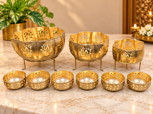 Lotus Etching Urli Set with Stands & Votives